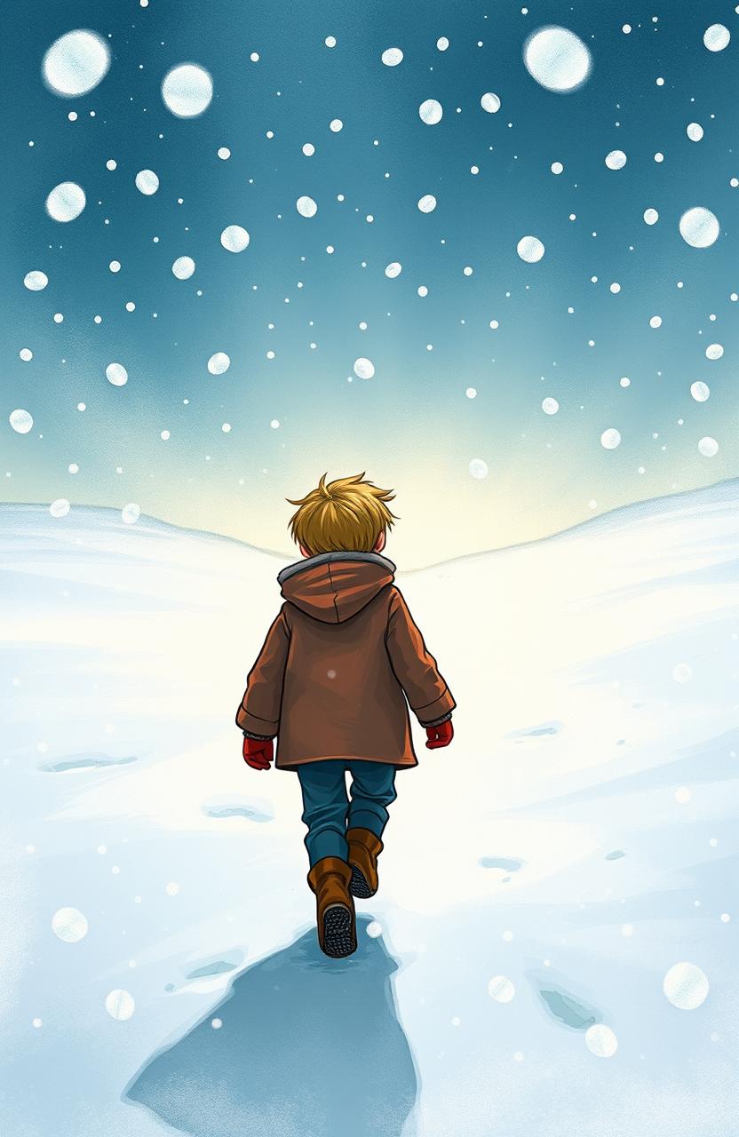 A whimsical illustration of a boy walking in the far distance, surrounded by a thick snowstorm, embodying the enchanting atmosphere of a magical youth book titled 'Aurora