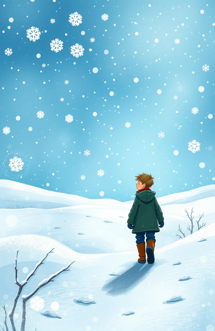 A whimsical illustration of a boy walking in the far distance, surrounded by a thick snowstorm, embodying the enchanting atmosphere of a magical youth book titled 'Aurora