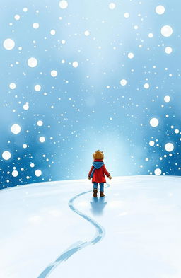 A whimsical illustration of a boy walking in the far distance, surrounded by a thick snowstorm, embodying the enchanting atmosphere of a magical youth book titled 'Aurora