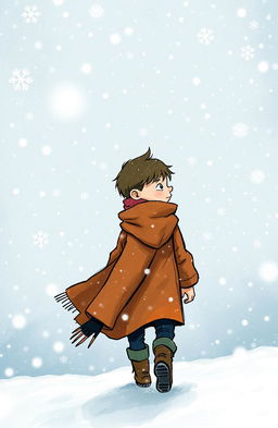 A whimsical illustration of a boy walking in the far distance, surrounded by a thick snowstorm, embodying the enchanting atmosphere of a magical youth book titled 'Aurora