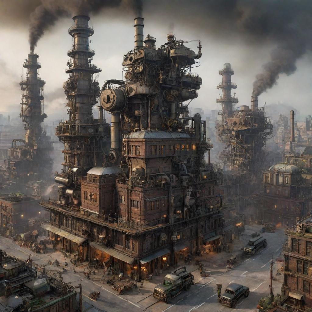 An industrious Machinepunk city, powered by enormous, well-oiled machines. Looming factories beat like giant hearts, streets thrum under the synchronized march of gear-driven automatons, vintage vehicles drive through the city streets and innovative flying machines buzz in the smoke-filled sky.