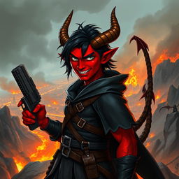 Gumong Steamfire, a 32-year-old young adult tiefling barbarian, illustrated in a vivid and dynamic fantasy scene