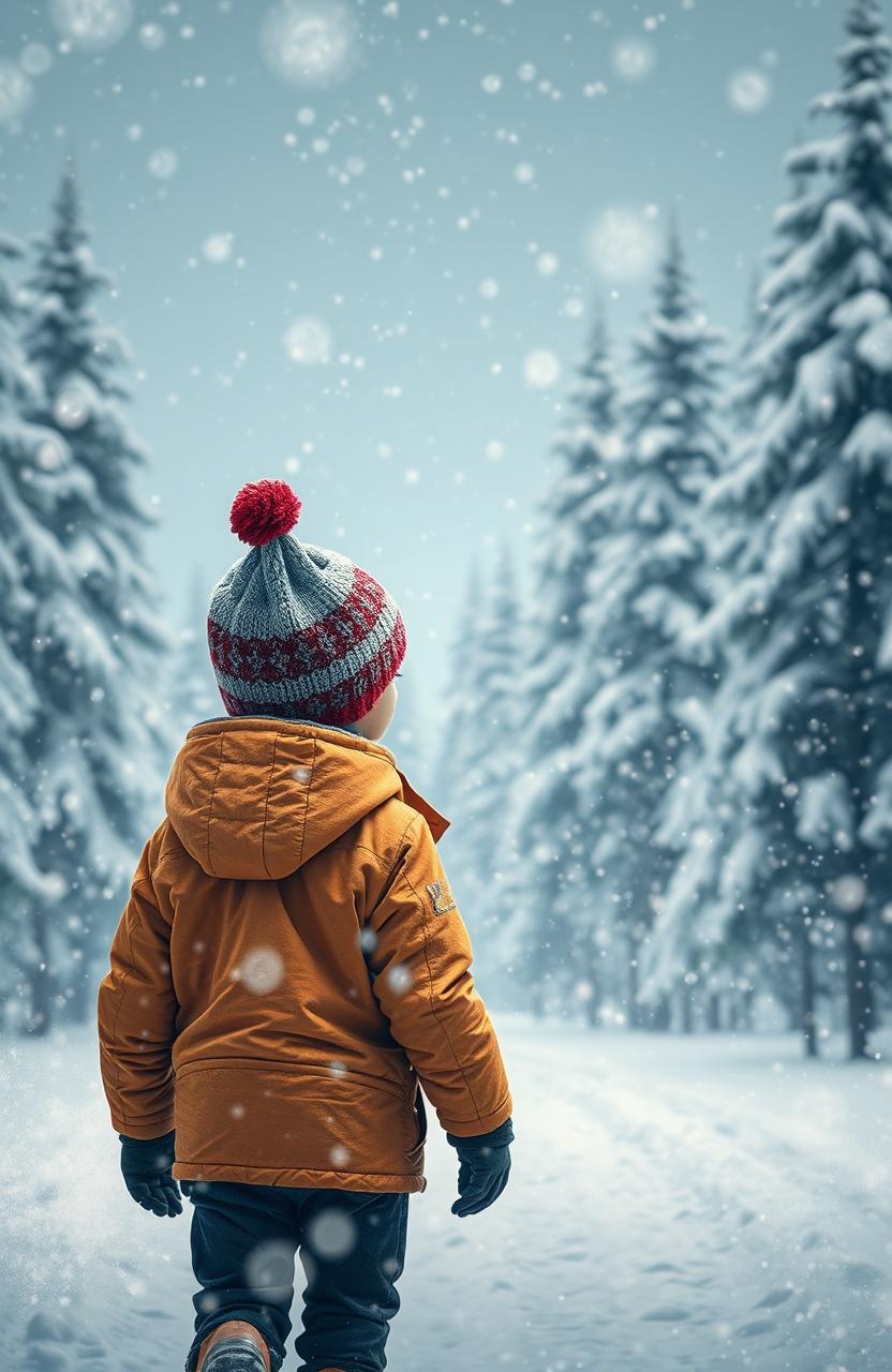 A young boy walking in the far distance during a swirling snowstorm, surrounded by whimsical snowflakes that sparkle like diamonds in the light