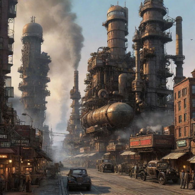 An industrious Machinepunk city, powered by enormous, well-oiled machines. Looming factories beat like giant hearts, streets thrum under the synchronized march of gear-driven automatons, vintage vehicles drive through the city streets and innovative flying machines buzz in the smoke-filled sky.