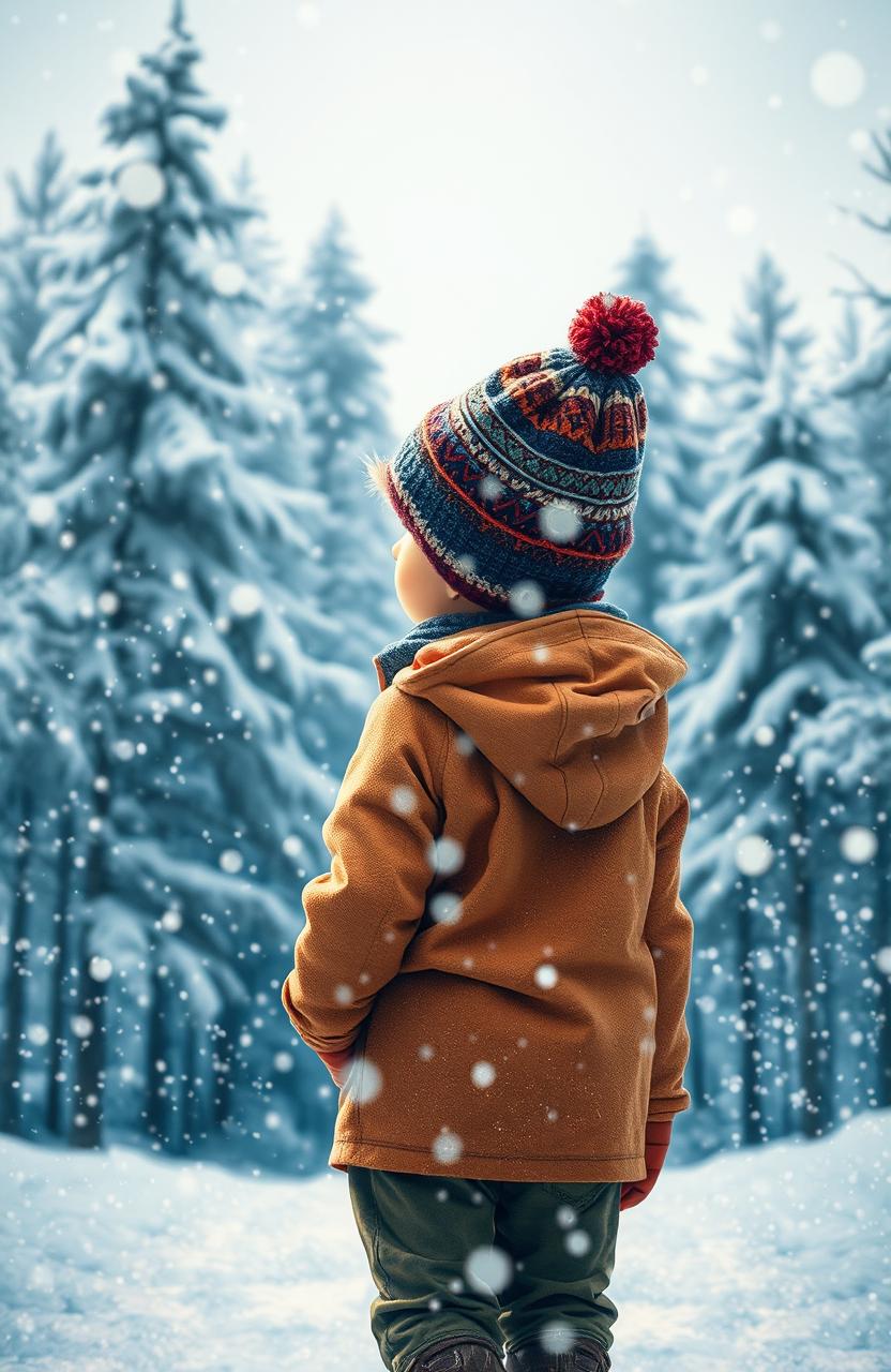 A young boy walking in the far distance during a swirling snowstorm, surrounded by whimsical snowflakes that sparkle like diamonds in the light