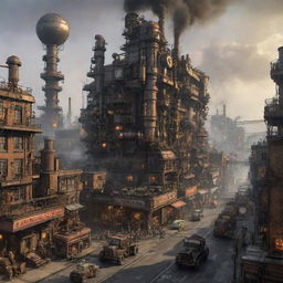 An industrious Machinepunk city, powered by enormous, well-oiled machines. Looming factories beat like giant hearts, streets thrum under the synchronized march of gear-driven automatons, vintage vehicles drive through the city streets and innovative flying machines buzz in the smoke-filled sky.