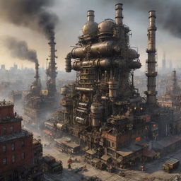 An industrious Machinepunk city, powered by enormous, well-oiled machines. Looming factories beat like giant hearts, streets thrum under the synchronized march of gear-driven automatons, vintage vehicles drive through the city streets and innovative flying machines buzz in the smoke-filled sky.