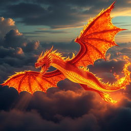 A colossal flaming dragon soaring through the sky, its massive wings outstretched, casting shadows over the landscape below