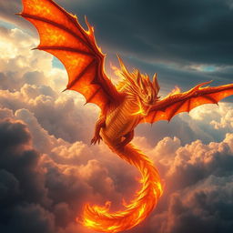 A colossal flaming dragon soaring through the sky, its massive wings outstretched, casting shadows over the landscape below