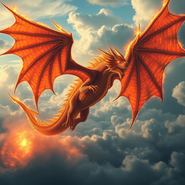 A colossal flaming dragon soaring through the sky, its massive wings outstretched, casting shadows over the landscape below