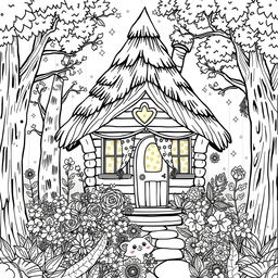 In an enchanted forest corner, featuring a whimsical black and white coloring page of an adorable witch named Lila's cozy wooden cabin, designed to resemble a pointed hat with a thatched roof