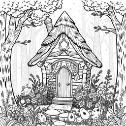 In an enchanted forest corner, featuring a whimsical black and white coloring page of an adorable witch named Lila's cozy wooden cabin, designed to resemble a pointed hat with a thatched roof