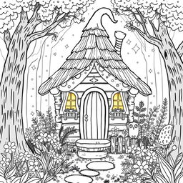 In an enchanted forest corner, featuring a whimsical black and white coloring page of an adorable witch named Lila's cozy wooden cabin, designed to resemble a pointed hat with a thatched roof