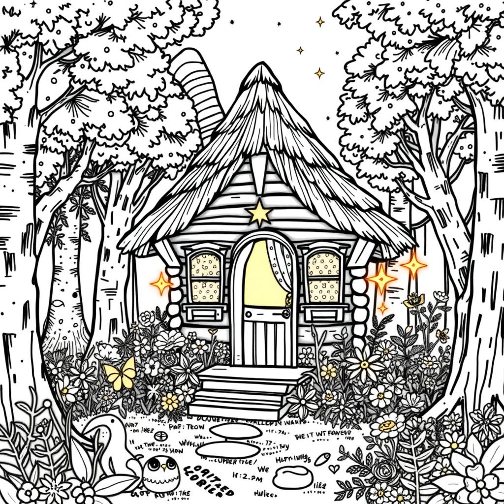 In an enchanted forest corner, featuring a whimsical black and white coloring page of an adorable witch named Lila's cozy wooden cabin, designed to resemble a pointed hat with a thatched roof