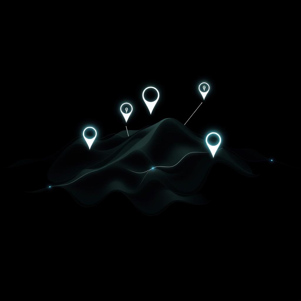 A minimalistic and dark-themed digital artwork focusing on topographic work and GPS technology