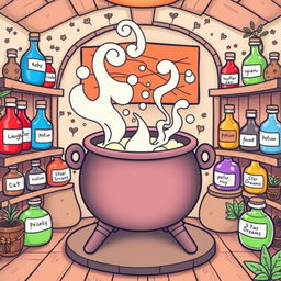 A kawaii-style coloring page featuring an enchanting scene with a large magical cauldron bubbling gently in the center of a cozy room