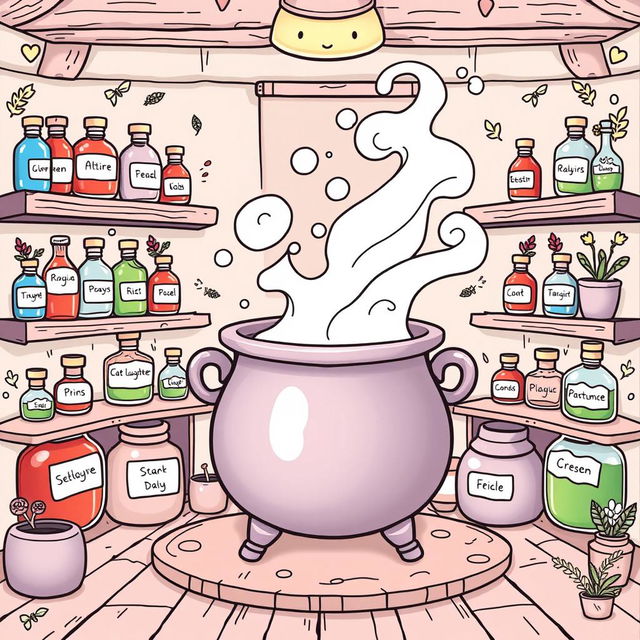 A kawaii-style coloring page featuring an enchanting scene with a large magical cauldron bubbling gently in the center of a cozy room