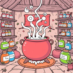 A kawaii-style coloring page featuring an enchanting scene with a large magical cauldron bubbling gently in the center of a cozy room