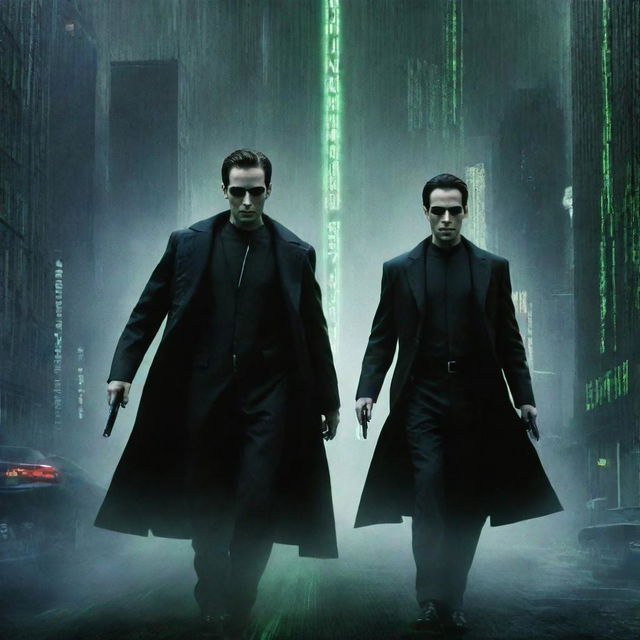 Generate a high-definition, vibrant poster inspired by the Matrix movie. Incorporate Neo and Trinity in their iconic black attire, the Matrix code falling down and the dystopian cyberpunk cityscape in the background.