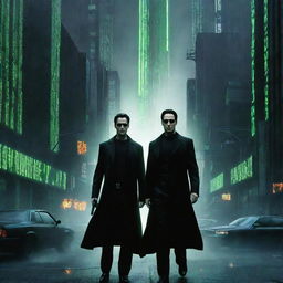 Generate a high-definition, vibrant poster inspired by the Matrix movie. Incorporate Neo and Trinity in their iconic black attire, the Matrix code falling down and the dystopian cyberpunk cityscape in the background.