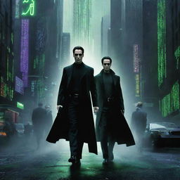 Generate a high-definition, vibrant poster inspired by the Matrix movie. Incorporate Neo and Trinity in their iconic black attire, the Matrix code falling down and the dystopian cyberpunk cityscape in the background.