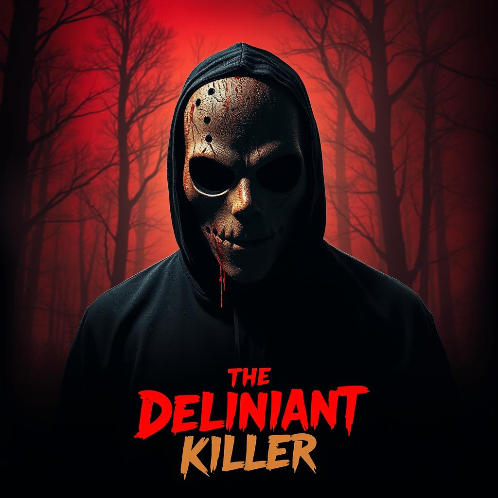 A chilling horror movie poster for 'The Deliniant Killer', depicting a shadowy figure of a slasher inspired by infamous serial killers of the 1980s, wearing a dirty, tattered mask with a menacing expression