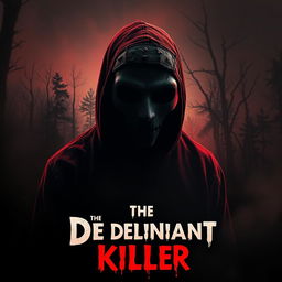 A chilling horror movie poster for 'The Deliniant Killer', depicting a shadowy figure of a slasher inspired by infamous serial killers of the 1980s, wearing a dirty, tattered mask with a menacing expression