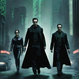 Generate a high-definition, vibrant poster inspired by the Matrix movie. Incorporate Neo and Trinity in their iconic black attire, the Matrix code falling down and the dystopian cyberpunk cityscape in the background.