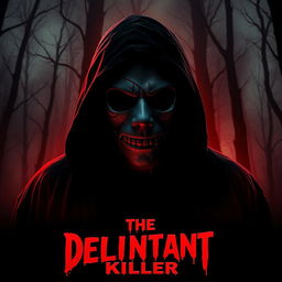 A chilling horror movie poster for 'The Deliniant Killer', depicting a shadowy figure of a slasher inspired by infamous serial killers of the 1980s, wearing a dirty, tattered mask with a menacing expression