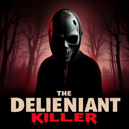 A chilling horror movie poster for 'The Deliniant Killer', depicting a shadowy figure of a slasher inspired by infamous serial killers of the 1980s, wearing a dirty, tattered mask with a menacing expression