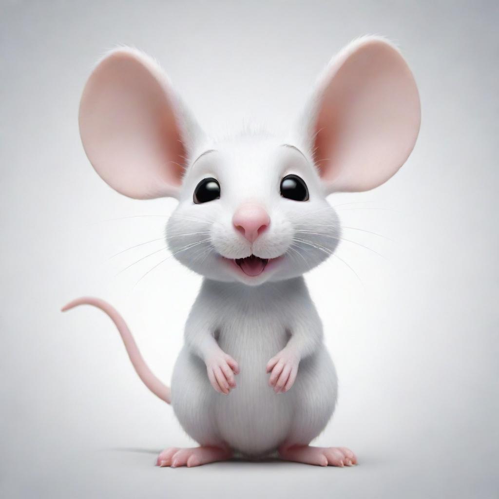 A cartoon style white rat with expressive eyes and large ears, radiating a whimsical charm.