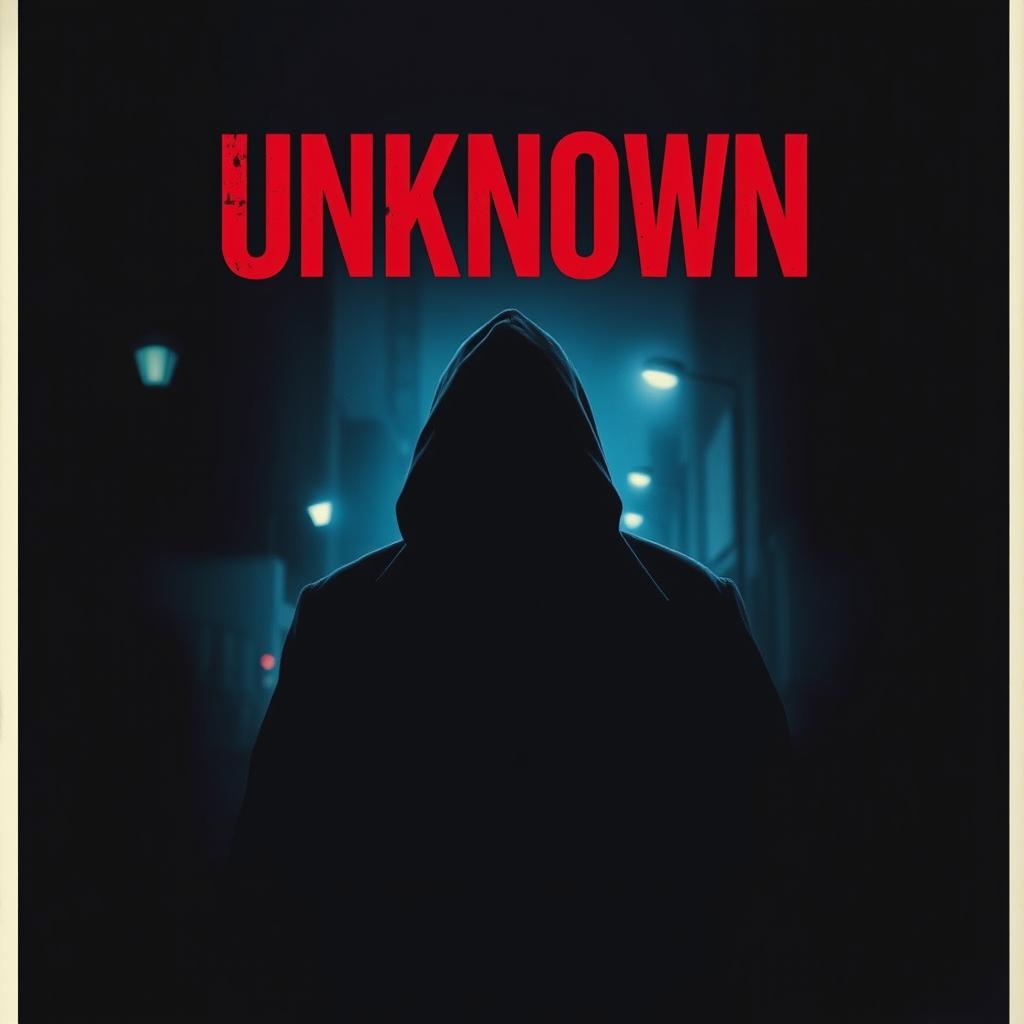 A suspense movie poster featuring a faceless assassin lurking in the background, shrouded in darkness