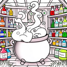 A kawaii-style coloring page featuring a magical witch's room