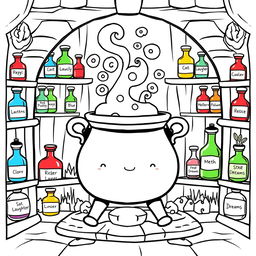 A kawaii-style coloring page featuring a magical witch's room