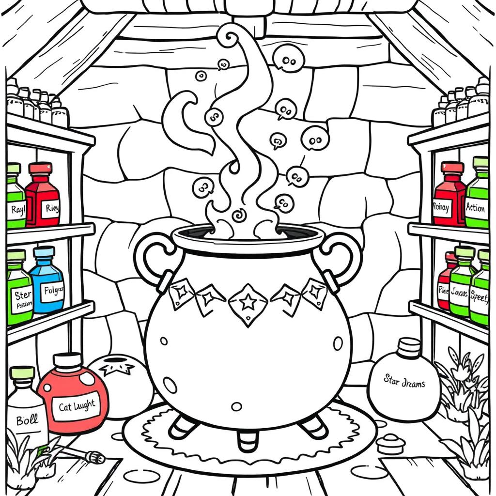 A kawaii-style coloring page featuring a magical witch's room