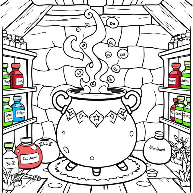 A kawaii-style coloring page featuring a magical witch's room