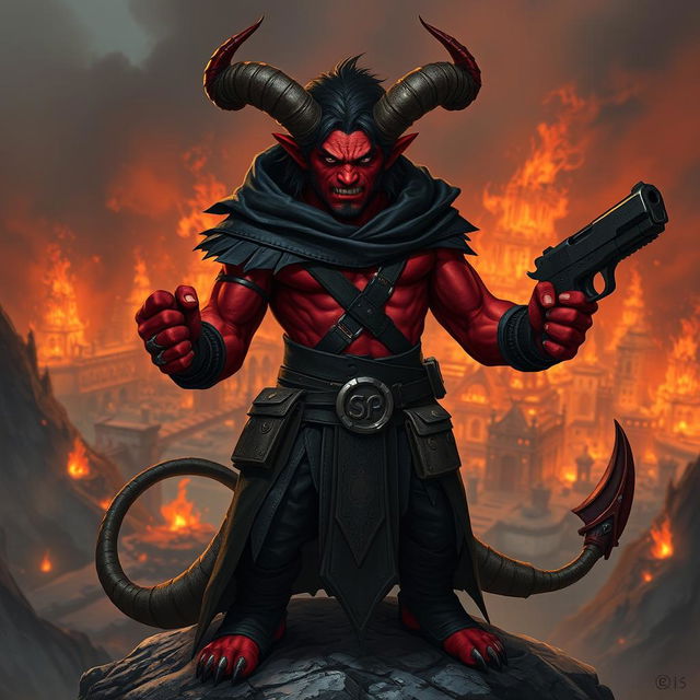 Gumong Steamfire, a 32-year-old young adult tiefling barbarian, depicted in an intense fantasy scene