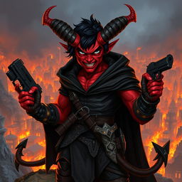 Gumong Steamfire, a 32-year-old young adult tiefling barbarian, depicted in an intense fantasy scene