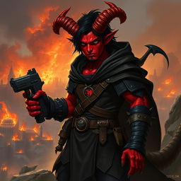 Gumong Steamfire, a 32-year-old young adult tiefling barbarian, depicted in an intense fantasy scene