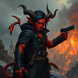 Gumong Steamfire, a 32-year-old young adult tiefling barbarian, depicted in an intense fantasy scene