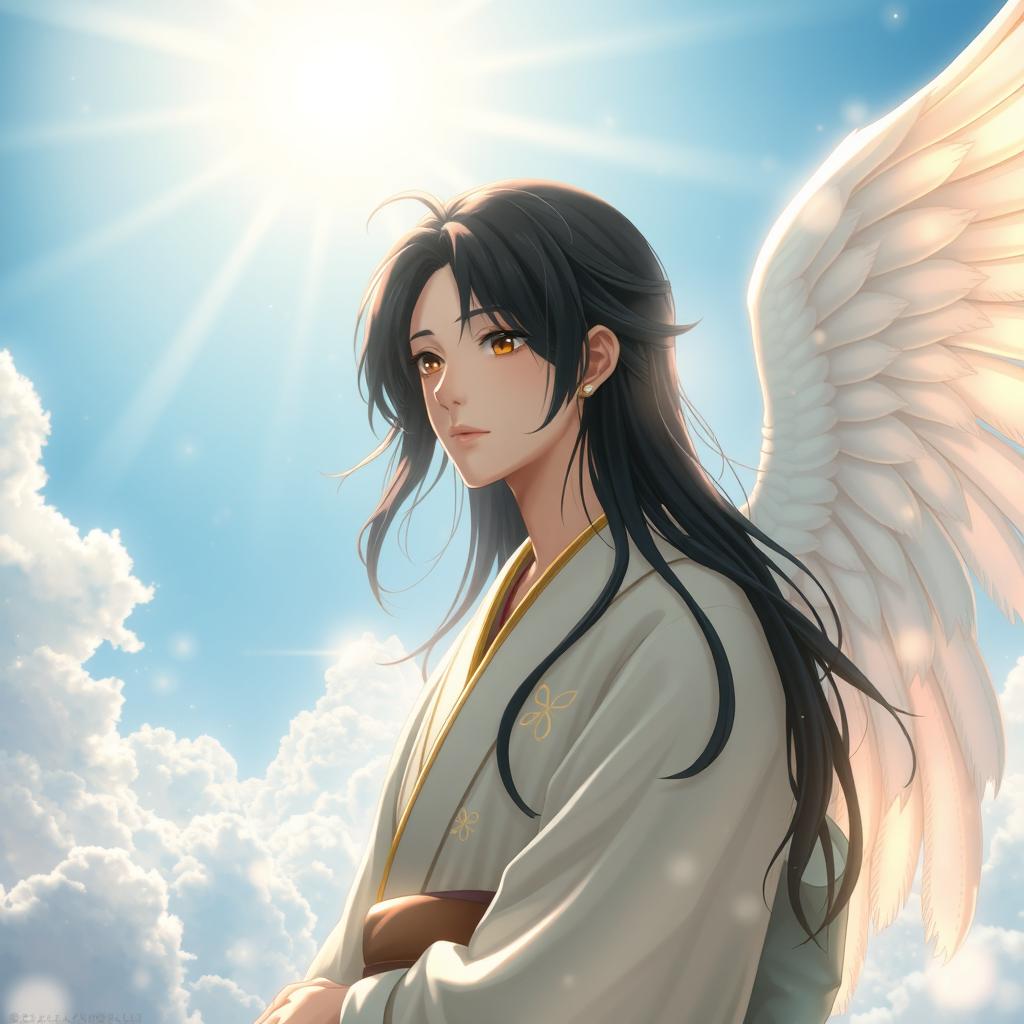 A serene, ethereal Japanese male angel, with delicate features and long flowing black hair, wearing a traditional kimono adorned with subtle golden patterns