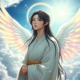 A serene, ethereal Japanese male angel, with delicate features and long flowing black hair, wearing a traditional kimono adorned with subtle golden patterns