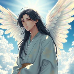 A serene, ethereal Japanese male angel, with delicate features and long flowing black hair, wearing a traditional kimono adorned with subtle golden patterns