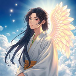 A serene, ethereal Japanese male angel, with delicate features and long flowing black hair, wearing a traditional kimono adorned with subtle golden patterns