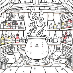 A kawaii-style coloring page featuring a cozy magical room filled with the sweet aroma of herbs and spices