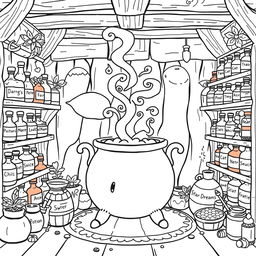 A kawaii-style coloring page featuring a cozy magical room filled with the sweet aroma of herbs and spices