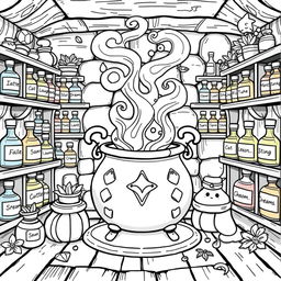 A kawaii-style coloring page featuring a cozy magical room filled with the sweet aroma of herbs and spices