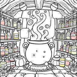 A kawaii-style coloring page featuring a cozy magical room filled with the sweet aroma of herbs and spices