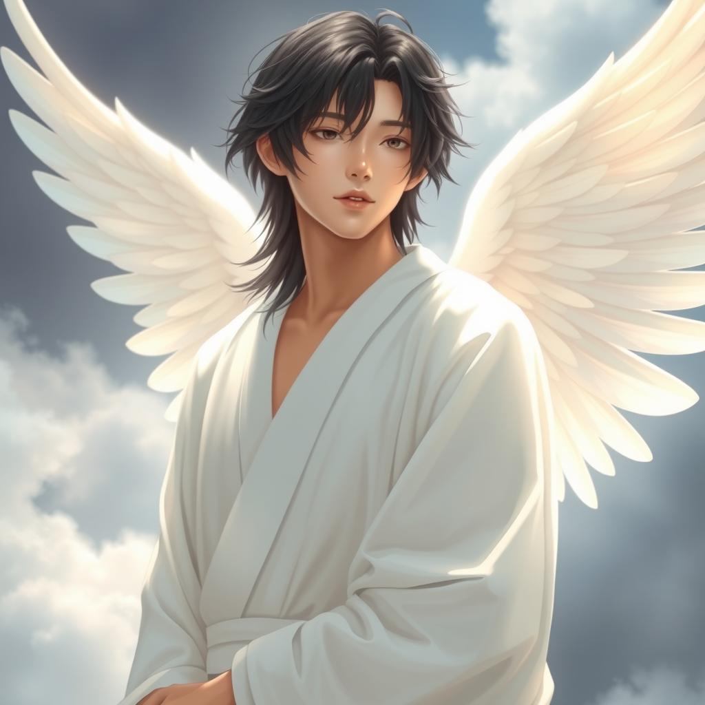 A Japanese real human male angel, featuring ethereal, white feathered wings elegantly spread behind him