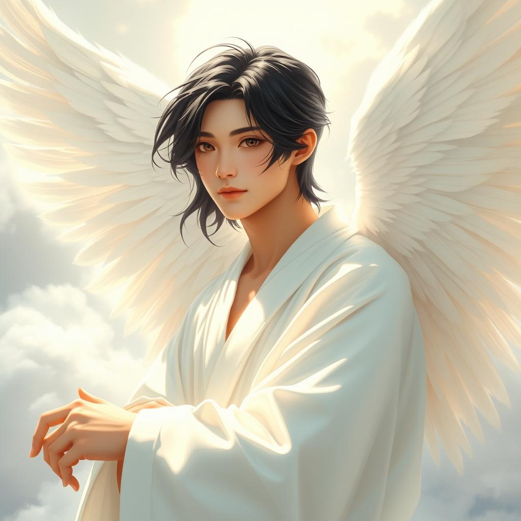 A Japanese real human male angel, featuring ethereal, white feathered wings elegantly spread behind him